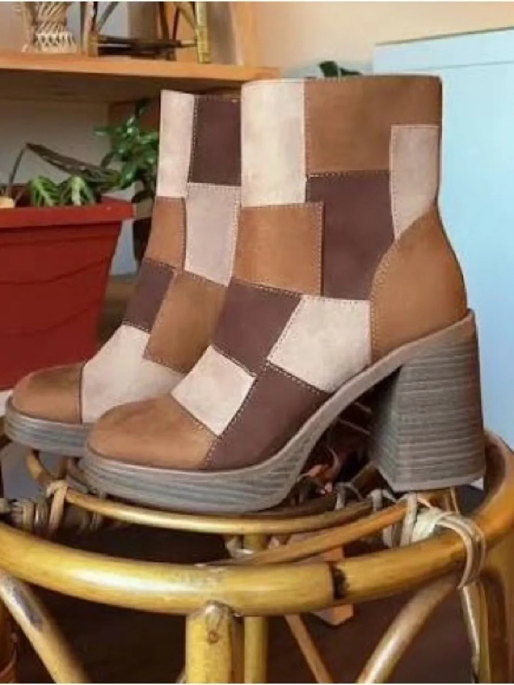 Universal Thread Patchwork Ankle Boots in Brown and Tan